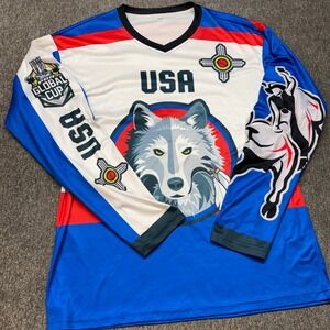 PBR Global Cup USA Jersey Men M Long Sleeve Wolf Bull Rider Rodeo Red White Blue